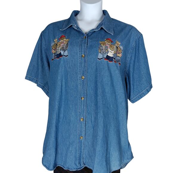 Vintage Quizz NY Woman Chambray Teddy Bears Embroidered Shirt Size 24 Blue - Picture 3 of 10